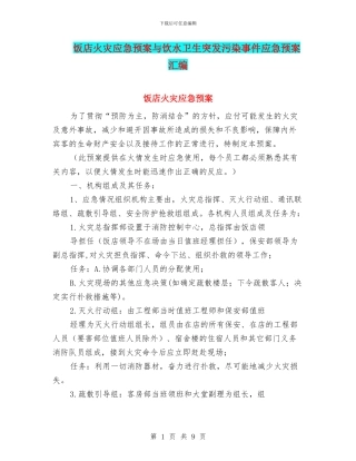 饭店火灾应急预案与饮水卫生突发污染事件应急预案汇编