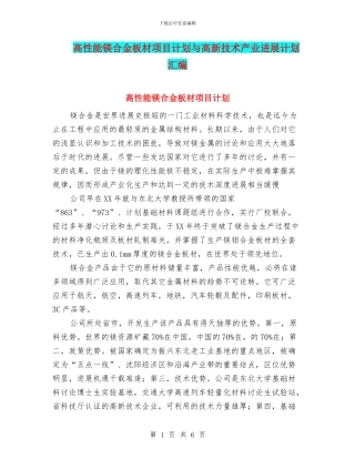高性能镁合金板材项目计划与高新技术产业发展计划汇编