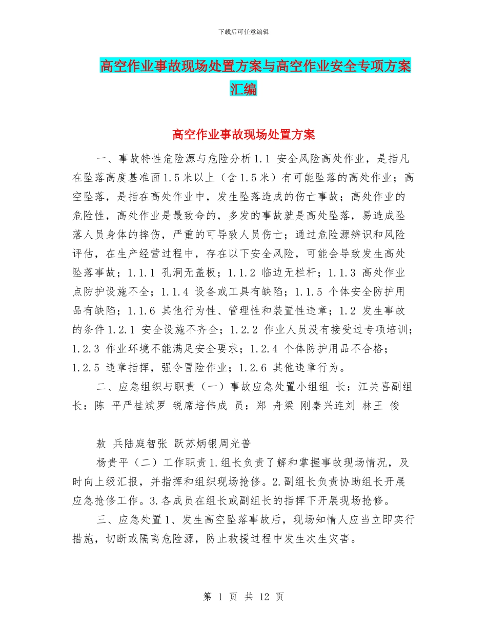 高空作业事故现场处置方案与高空作业安全专项方案汇编_第1页
