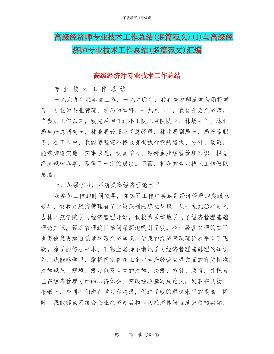 高级经济师专业技术工作总结(1)与高级经济师专业技术工作总结(多篇范文)汇编_第1页