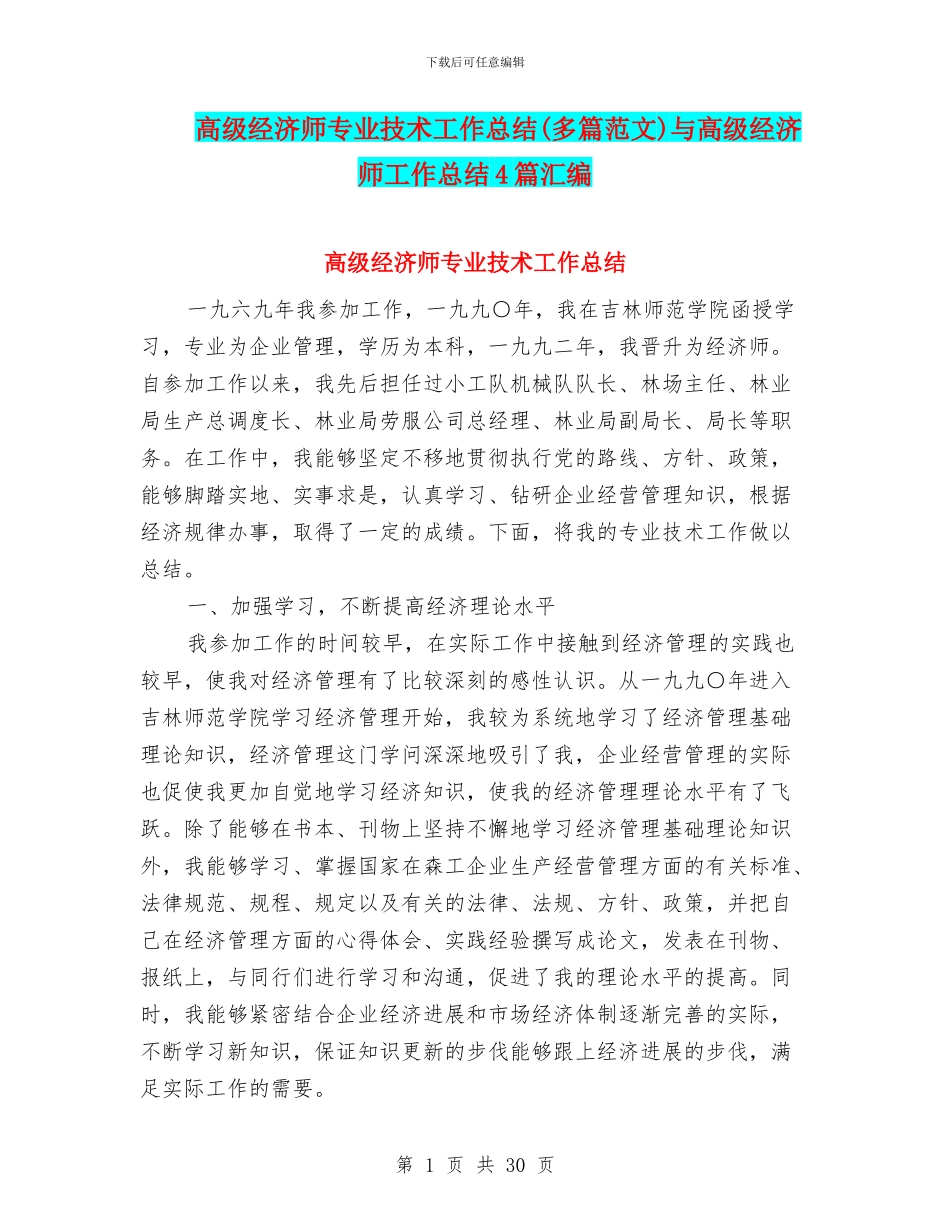 高级经济师专业技术工作总结与高级经济师工作总结4篇汇编_第1页