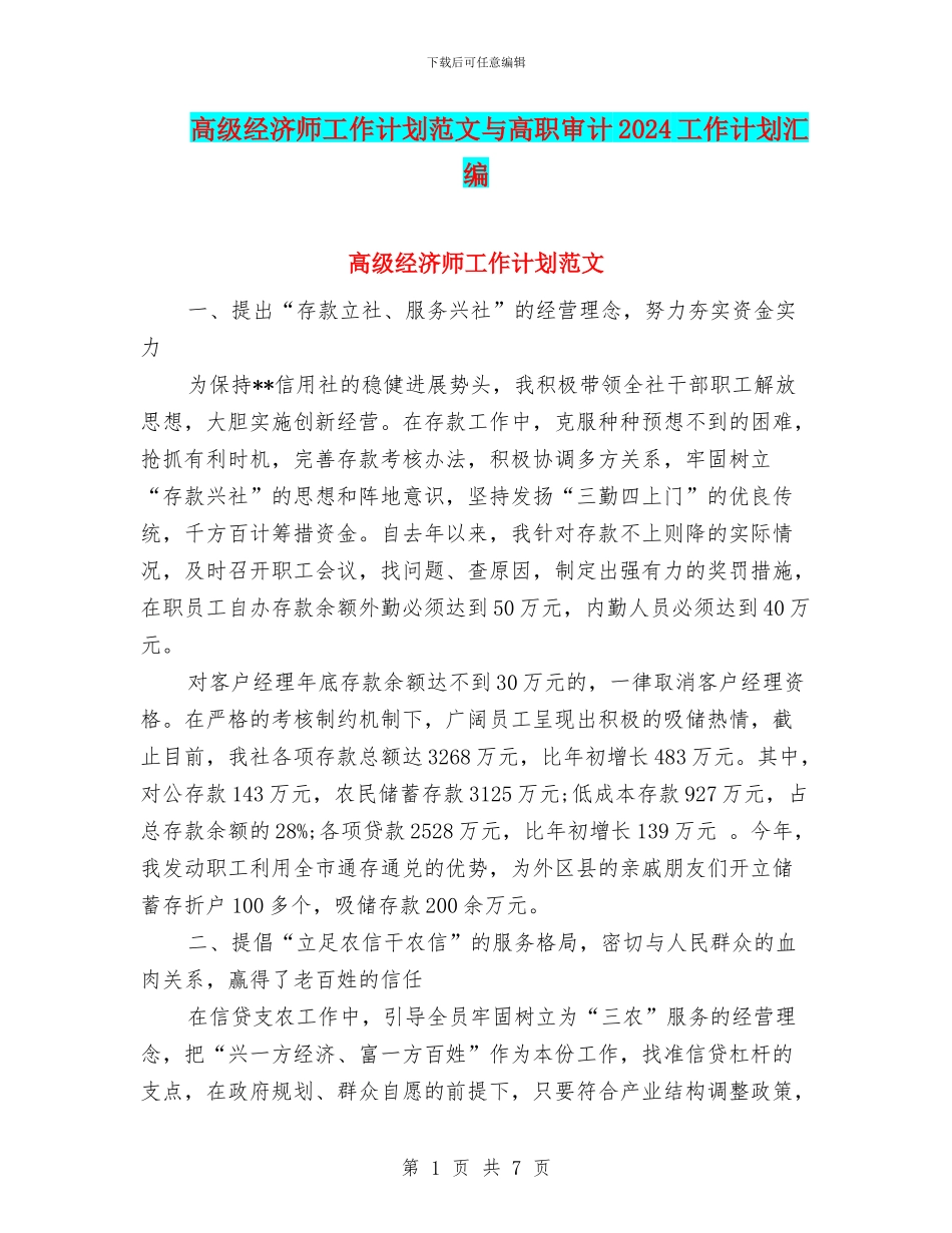 高级经济师工作计划范文与高职审计2024工作计划汇编_第1页