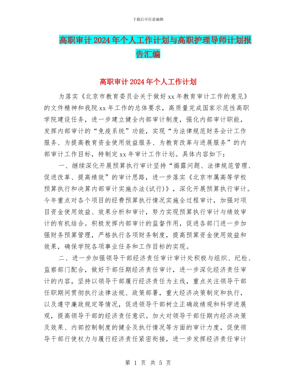 高职审计2024年个人工作计划与高职护理导师计划报告汇编_第1页