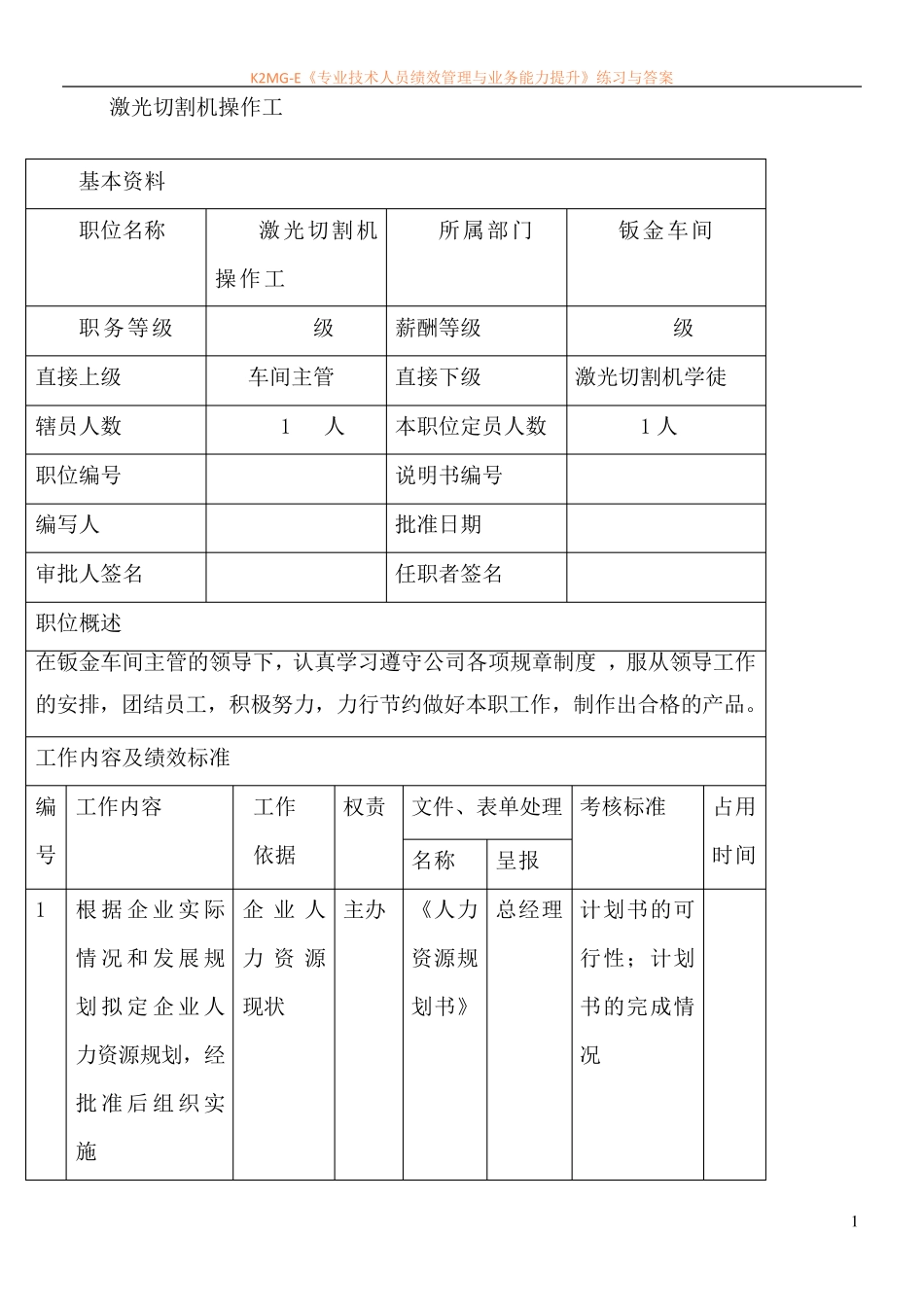 激光切割机岗位说明书_第1页