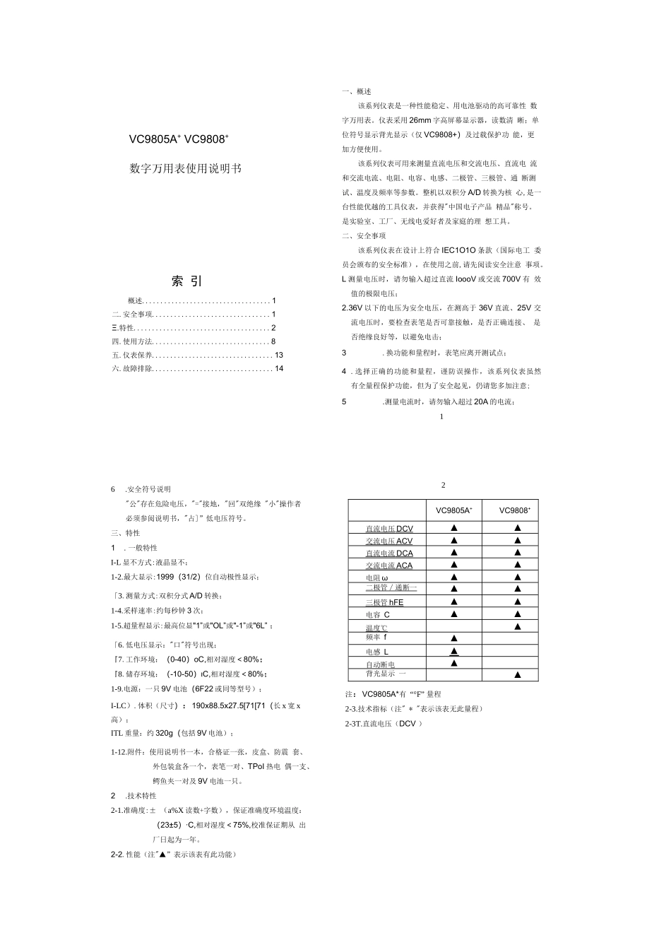 胜利VC9808 型万用表说明书_第1页