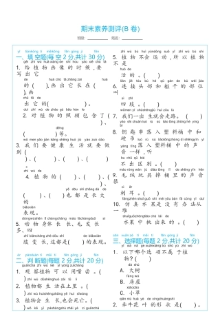 一年级上册期末素养测评(B卷)（含答案）小学科学教科版