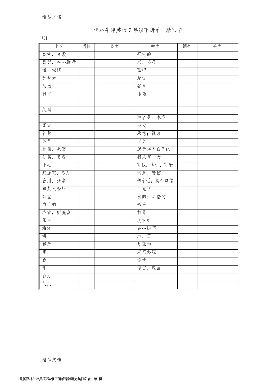 最新译林牛津英语7年级下册单词默写完美打印表_第1页
