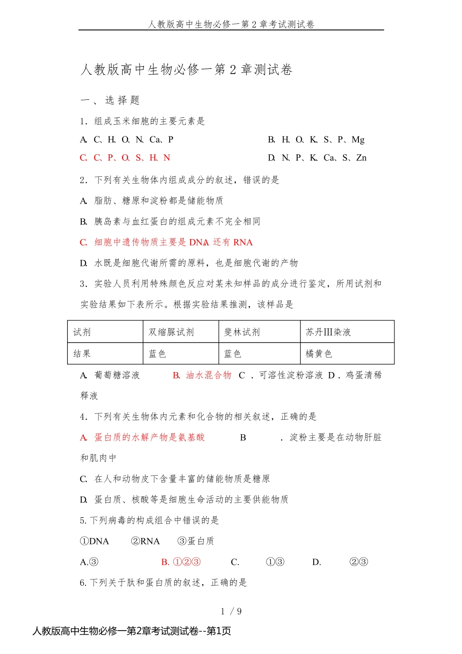 人教版高中生物必修一第2章考试测试卷_第1页