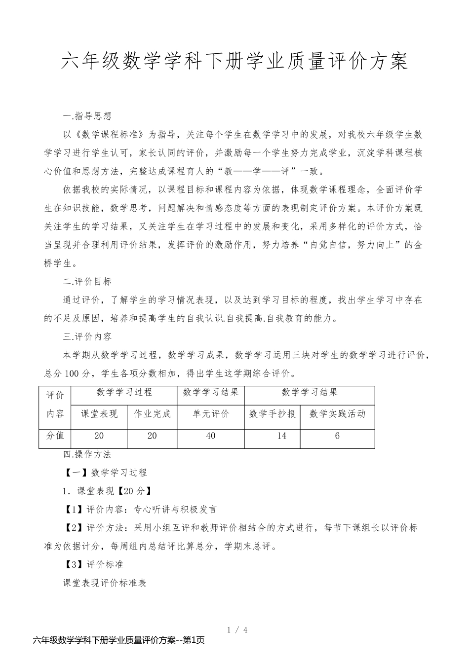 六年级数学学科下册学业质量评价方案_第1页
