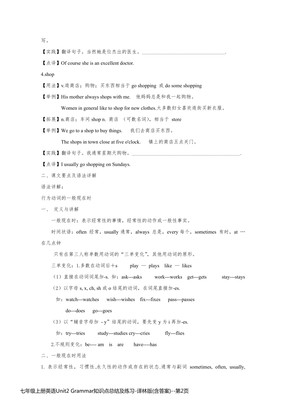 七年级上册英语Unit2 Grammar知识点总结及练习-译林版(含答案)_第2页