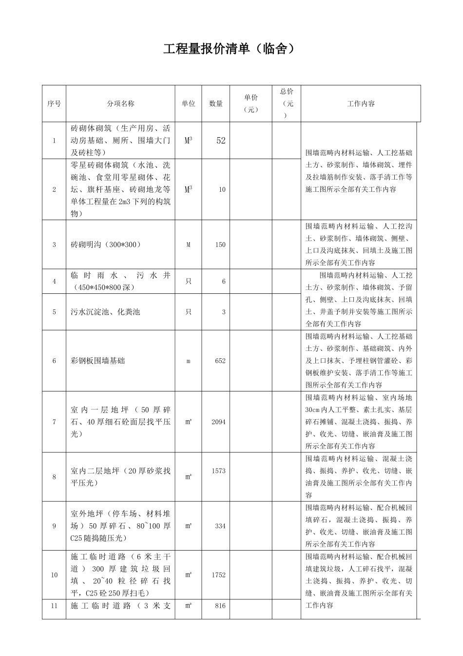 2025年工程量报价清单临舍_第1页