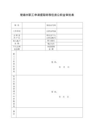 2025年云南省楚雄州住房公积金审批表样表
