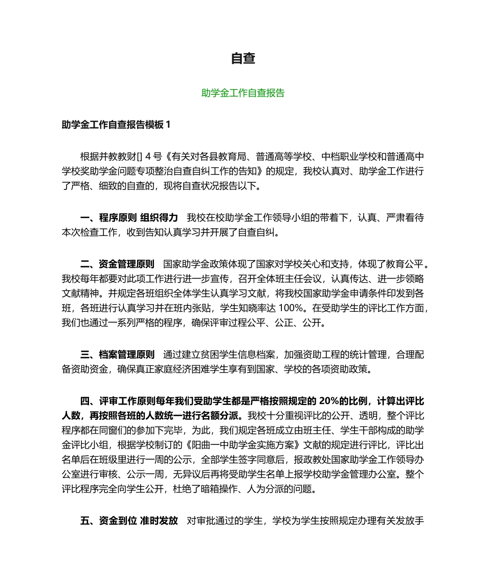 2025年自查：助学金工作自查报告_第1页