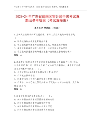 2023-24年广东省茂南区审计师中级考试真题及参考答案（考试直接用）