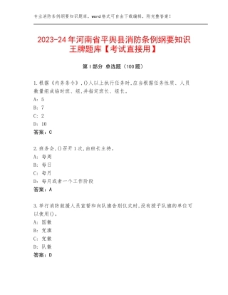 2023-24年河南省平舆县消防条例纲要知识王牌题库【考试直接用】