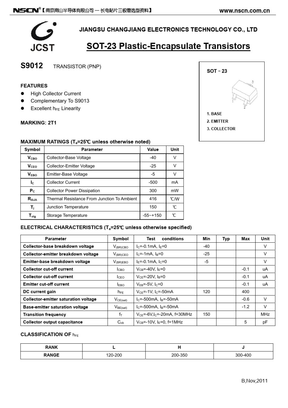 S9012三极管规格书：三极管S9012参数与封装尺寸_第1页