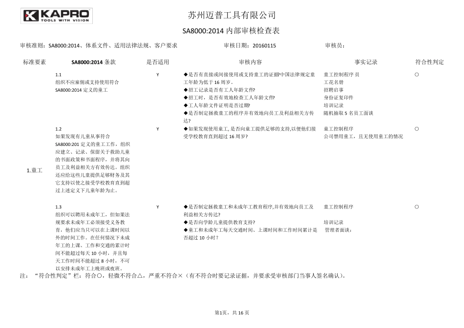 SA8000：2014内部审核检查表(2016.04.12)_第1页