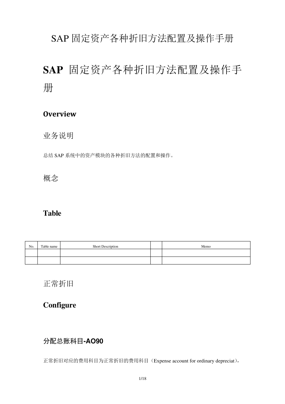 SAP固定资产各种折旧方法配置及操作手册_第1页