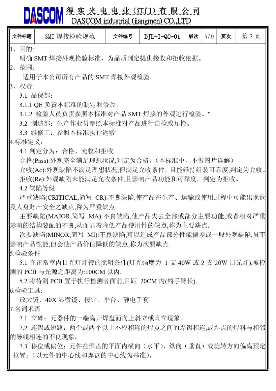 SMT焊接检验规范(含记录表单)_第2页