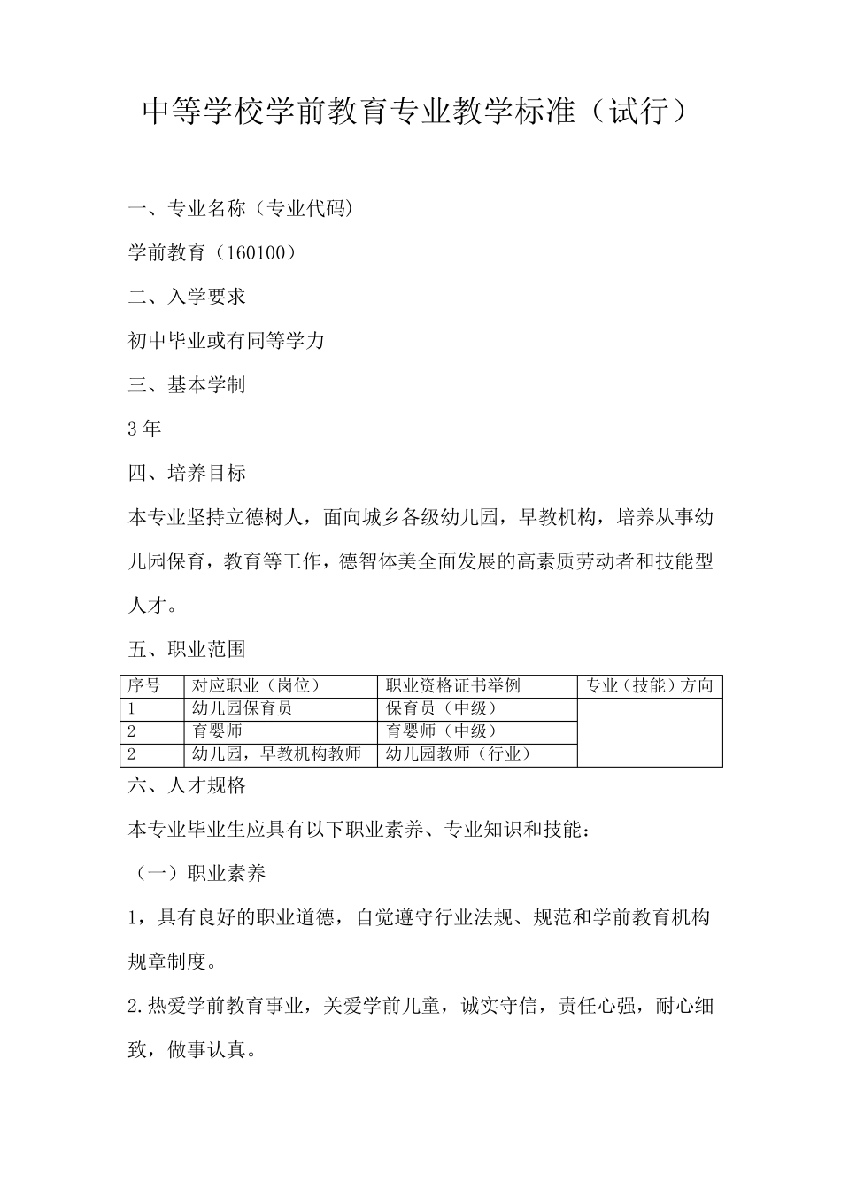 中等职业学校学前教育专业教学标准_第1页