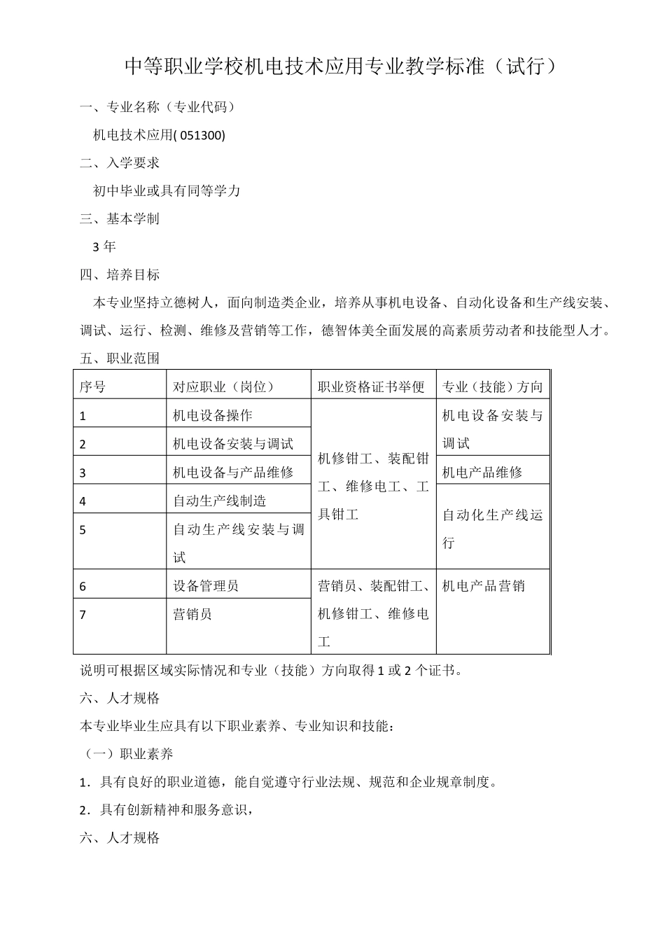 中等职业学校机电技术应用专业教学标准_第1页