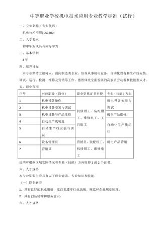 中等职业学校机电技术应用专业教学标准