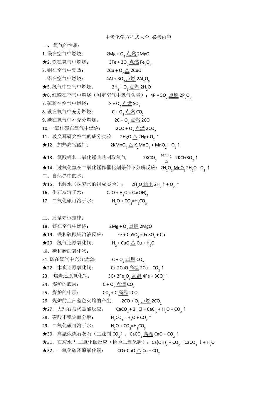 中考化学方程式大全(必考内容)_第1页