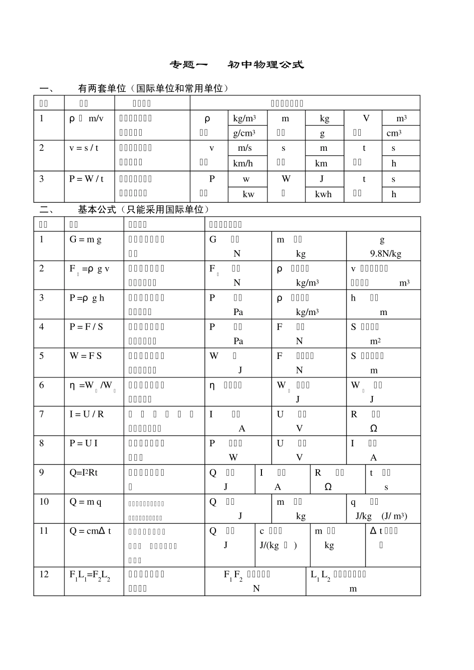 中考物理专题复习知识清单_第1页
