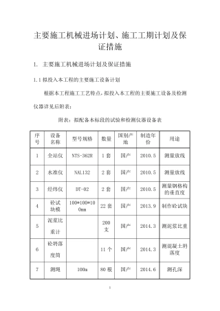 主要施工机械进场计划、施工工期计划及保证措施