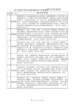 九年级上期期末班主任评语