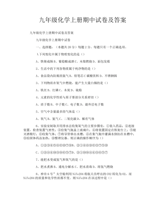 九年级化学上册期中试卷及答案