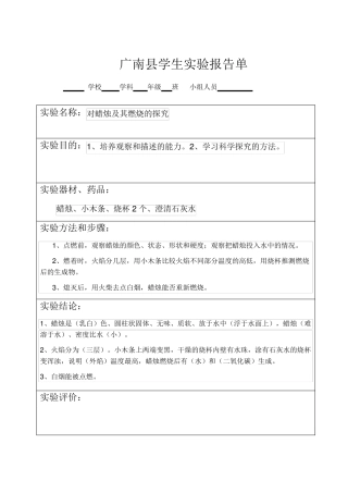 九年级化学实验报告单