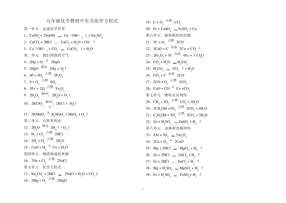 九年级化学教材中有关化学方程式_第1页