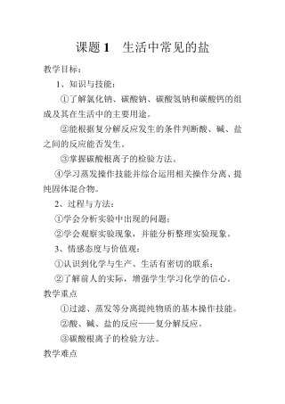 九年级化学生活中常见的盐教案