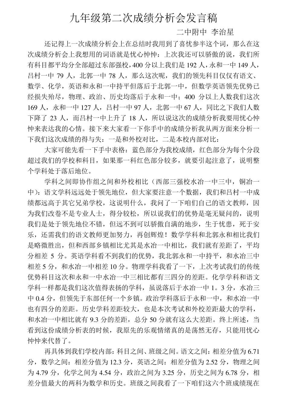 九年级成绩分析会发言_第1页