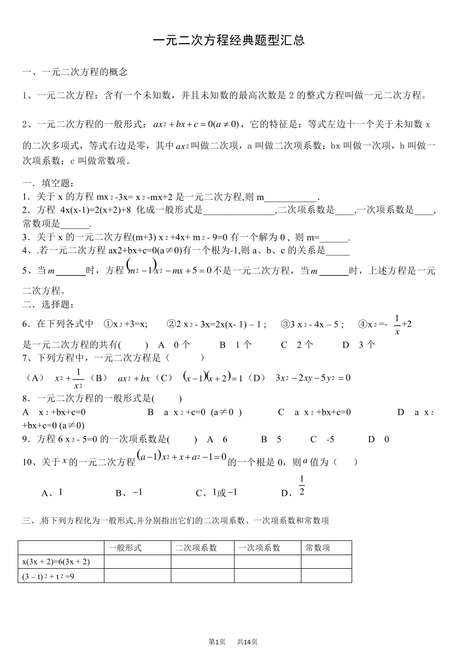 九年级数学：一元二次方程经典题型汇总_第1页