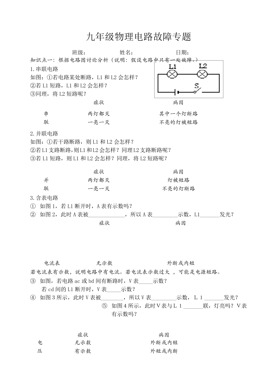 九年级物理电路故障专题_第1页