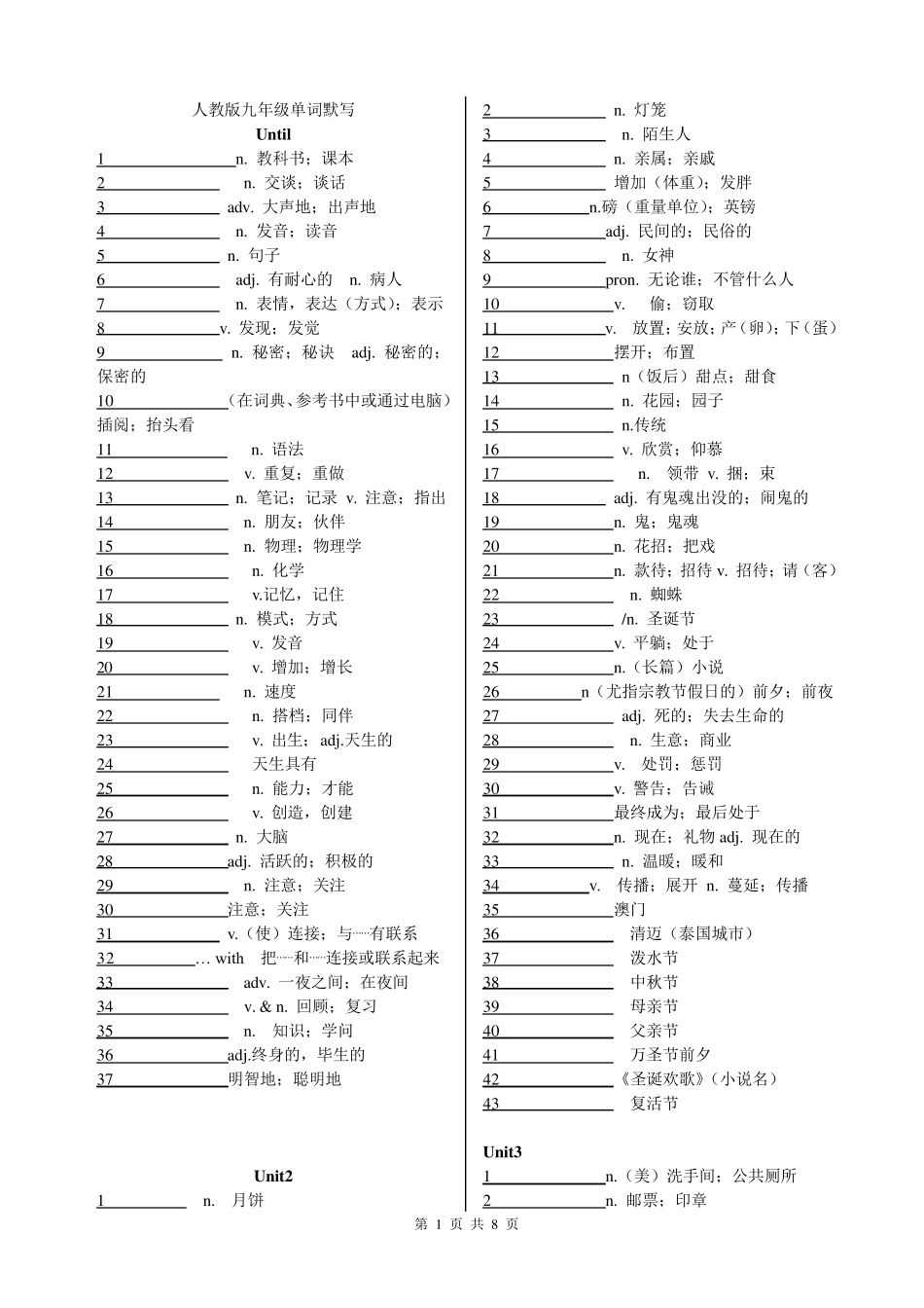 九年级英语单词默写表_第1页