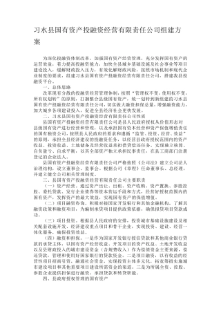 习水县国有资产投融资经营有限责任公司组建方案