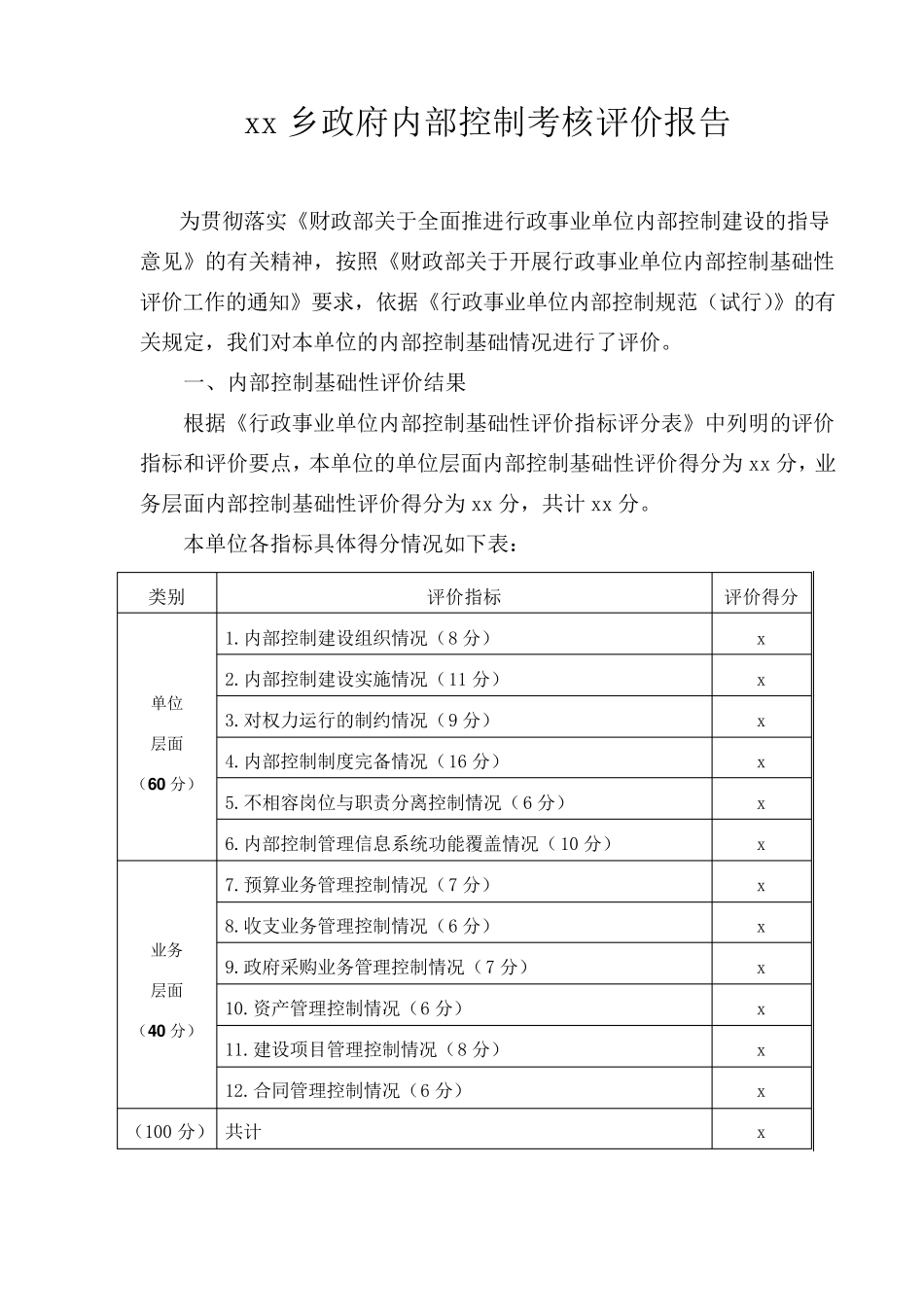 乡镇内部控制考核评价报告_第1页