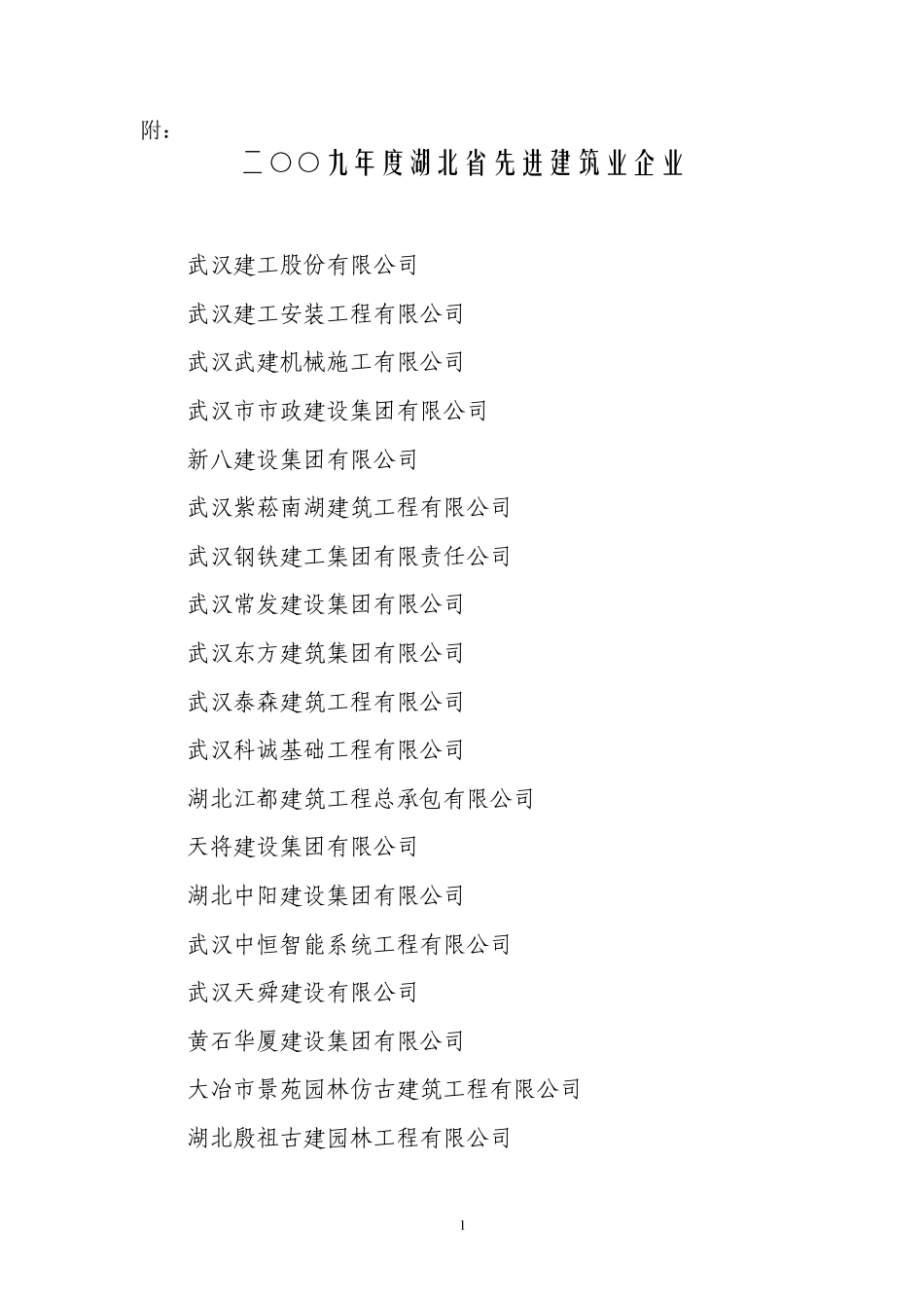 二○○九年度湖北省先进建筑业企业_第1页