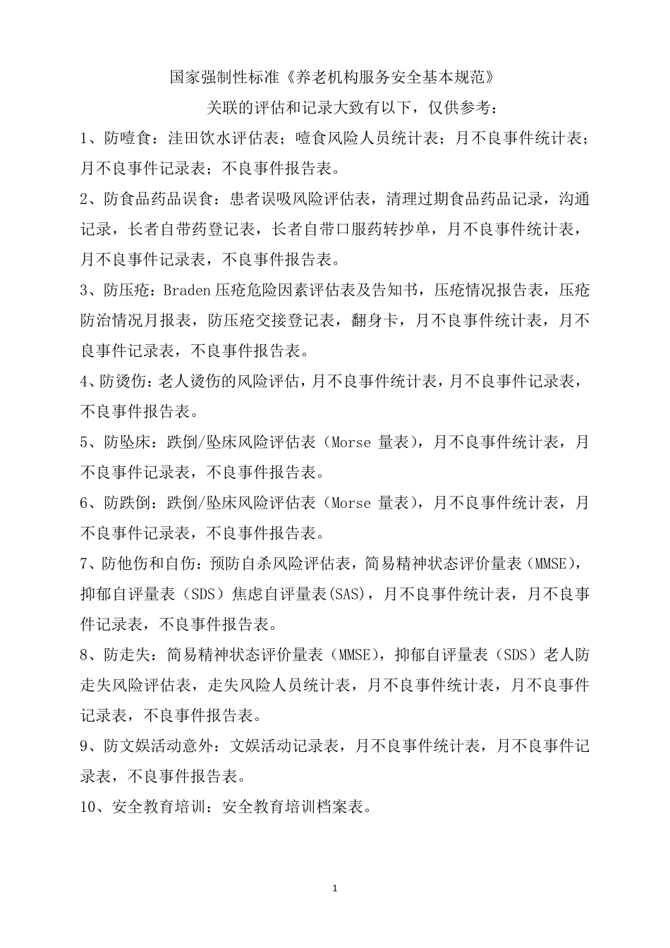 养老院服务安全基本规范相关表格_第1页