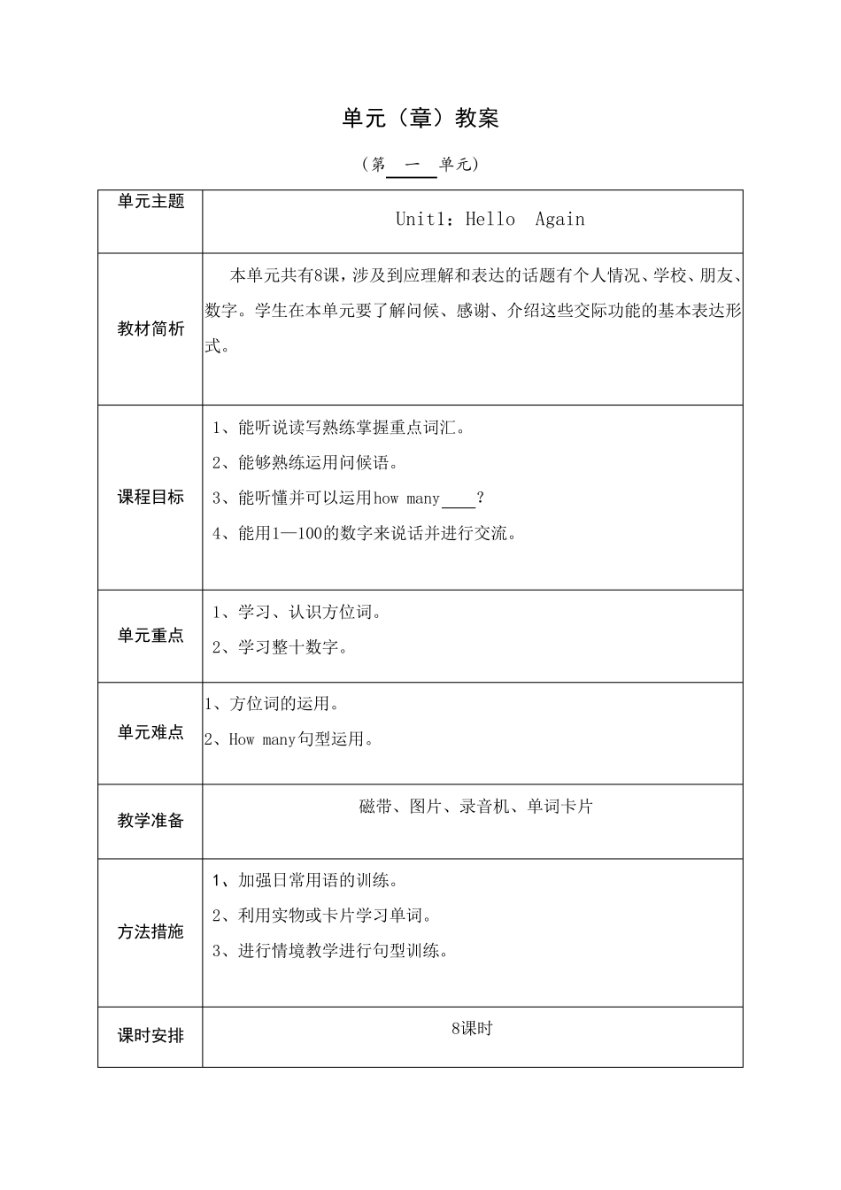 冀教版四年级下册英语全册教案_第1页