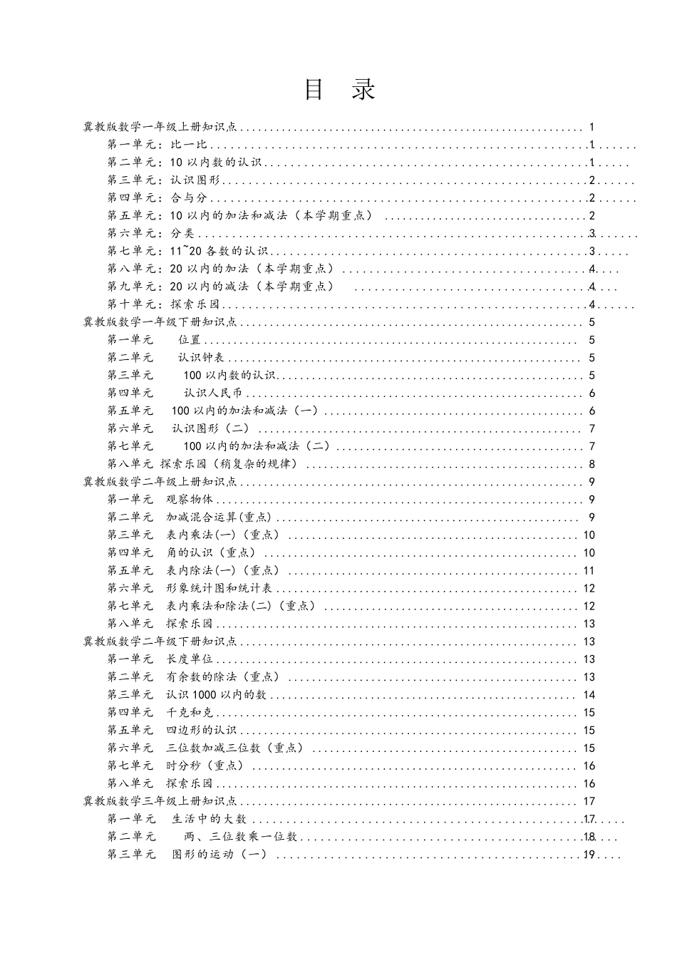 冀教版小学数学一到六年级数学知识点_第1页