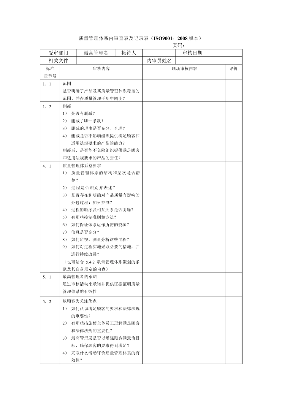 内审检查表范本(ISO9001：2008版按条款对照版)_第1页