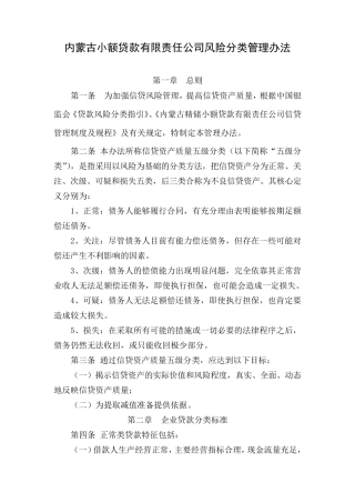 内蒙古小额贷款有限责任公司风险分类管理办法