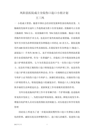 凤阳县医院2012年2月成立全院伤口造口小组计划