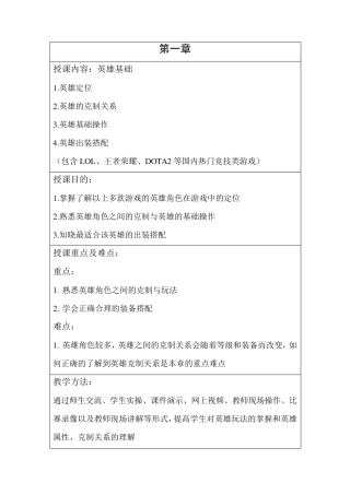 电竞授课教案---电子竞技实训课    (授课教案)