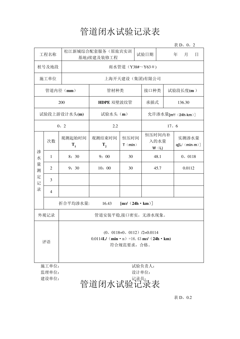 管道闭水实验记录表_第1页