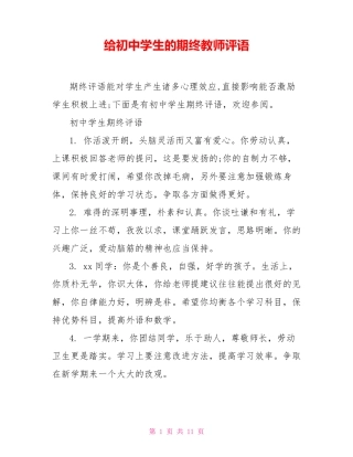 给初中学生的期终教师评语